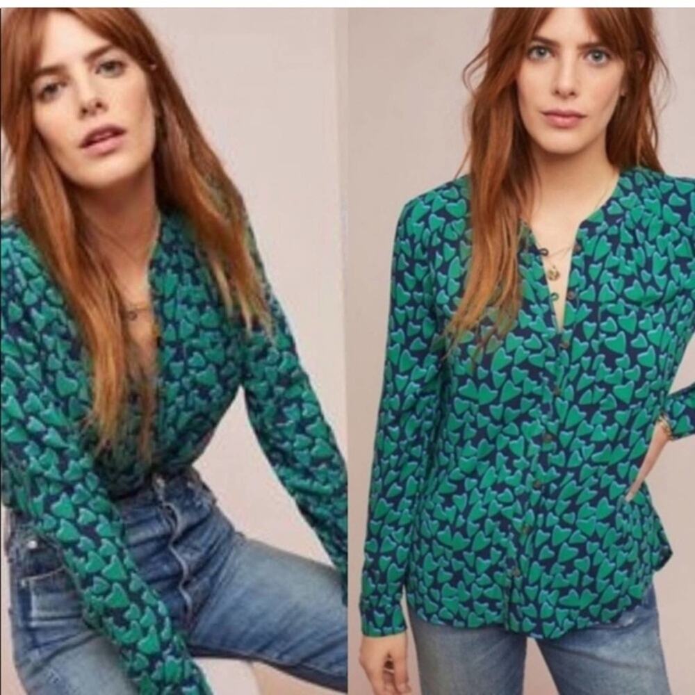 Anthropologie conversations heart print shirt blue green sz 6